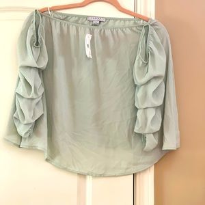 Sea green off shoulder blouse with ruched sleeves.